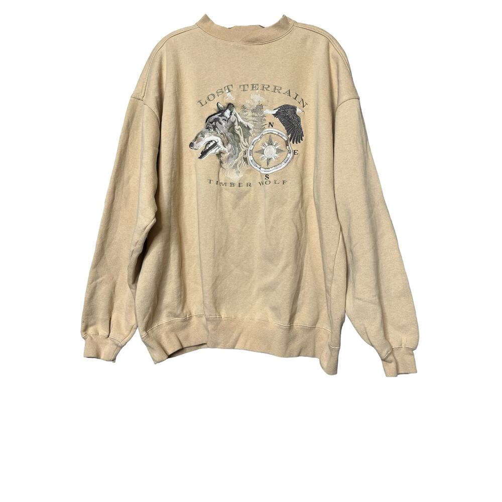 Lost Terrain VINTAGE 90’s Sweatshirt Wolf Beige Embroidered Graphic Pullover XL